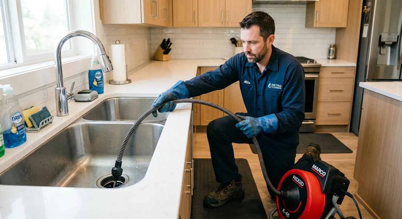 Drain cleaning technician using a motorized snake on a kitchen sink in Parsons