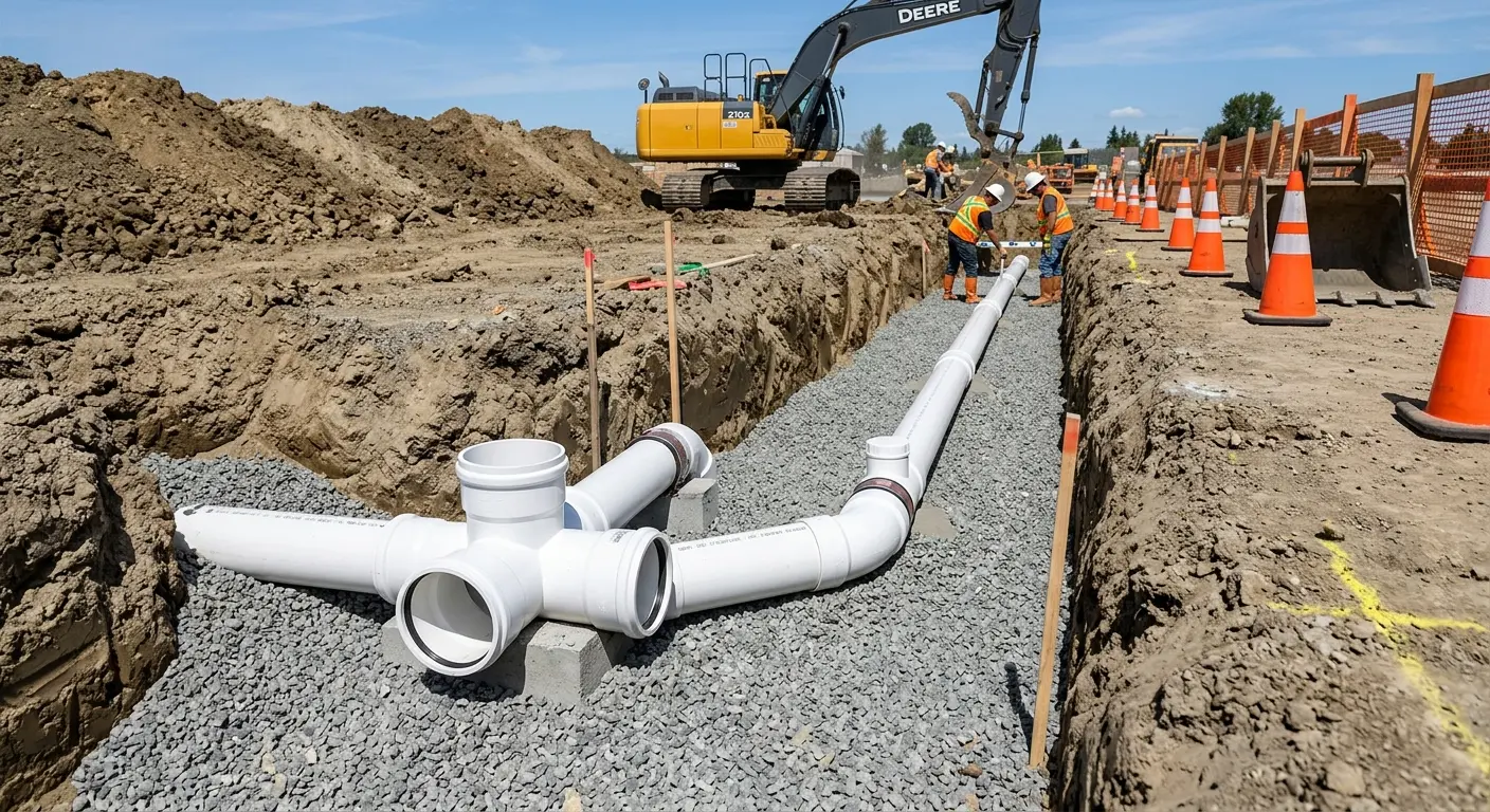 New PVC sewer pipe installation in open trench for Commercial Drain Cleaning in Parsons