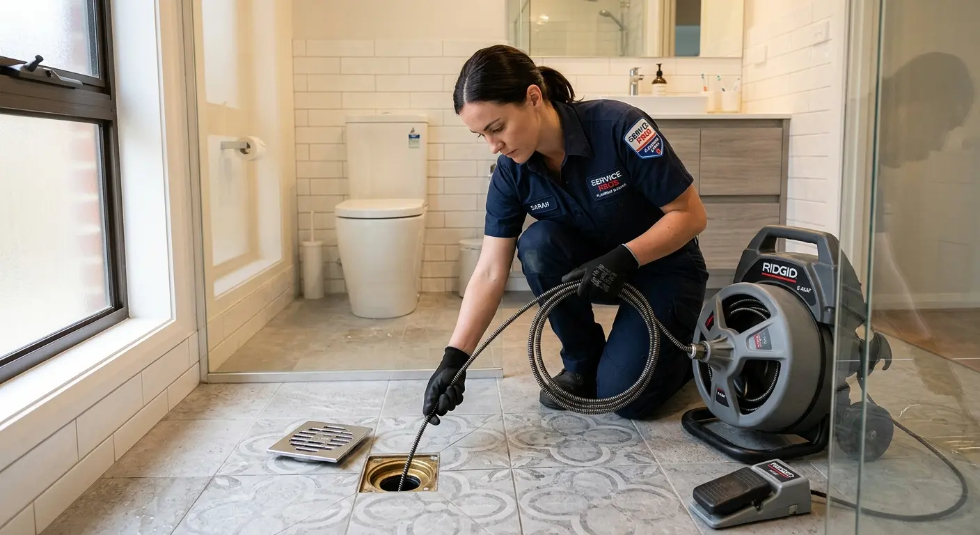 Technician clearing a bathroom floor drain for Clogged Drain Repair in Parsons